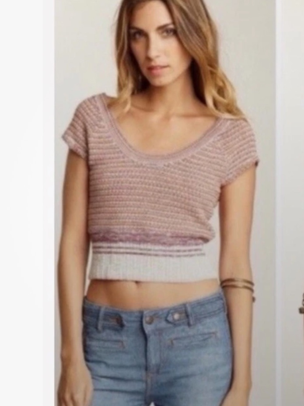 Free People Off-Shoulder Cropped Sweater - Dusty Rose & Cream